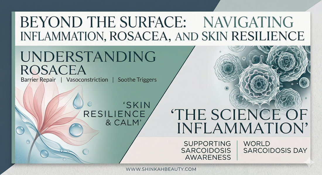 Shinkah Beauty blog graphic focusing on skin inflammation, rosacea awareness, and sarcoidosis support with a clean, clinical beauty aesthetic.