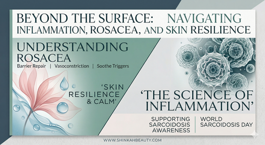 Shinkah Beauty blog graphic focusing on skin inflammation, rosacea awareness, and sarcoidosis support with a clean, clinical beauty aesthetic.