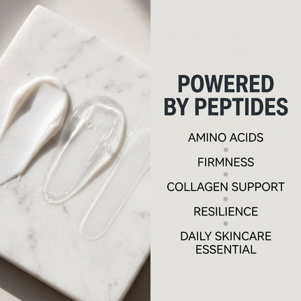 A split graphic featuring skincare product swatches on white marble alongside the text "POWERED BY PEPTIDES" and key skin benefits.