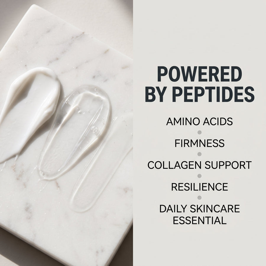 A split graphic featuring skincare product swatches on white marble alongside the text "POWERED BY PEPTIDES" and key skin benefits.
