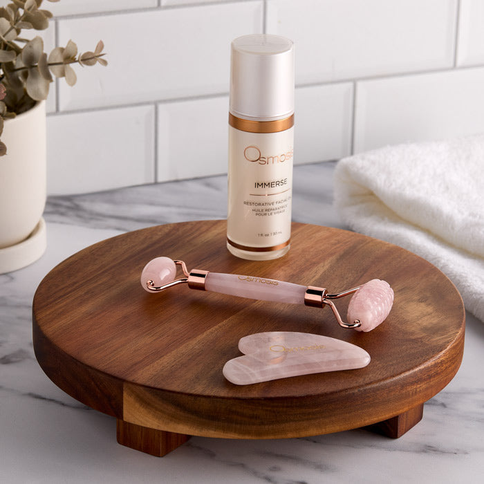 Rodillo facial de cuarzo rosa y set de Gua Sha