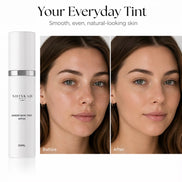 Shinkai Sheer Skin Tint bottle with 'Before' and 'After' skin comparisons on a white background