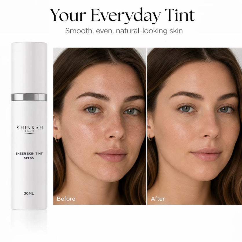 Shinkai Sheer Skin Tint bottle with 'Before' and 'After' skin comparisons on a white background